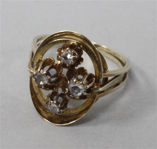 A 14ct gold and rose cut diamond set oval openwork dress ring, size R.